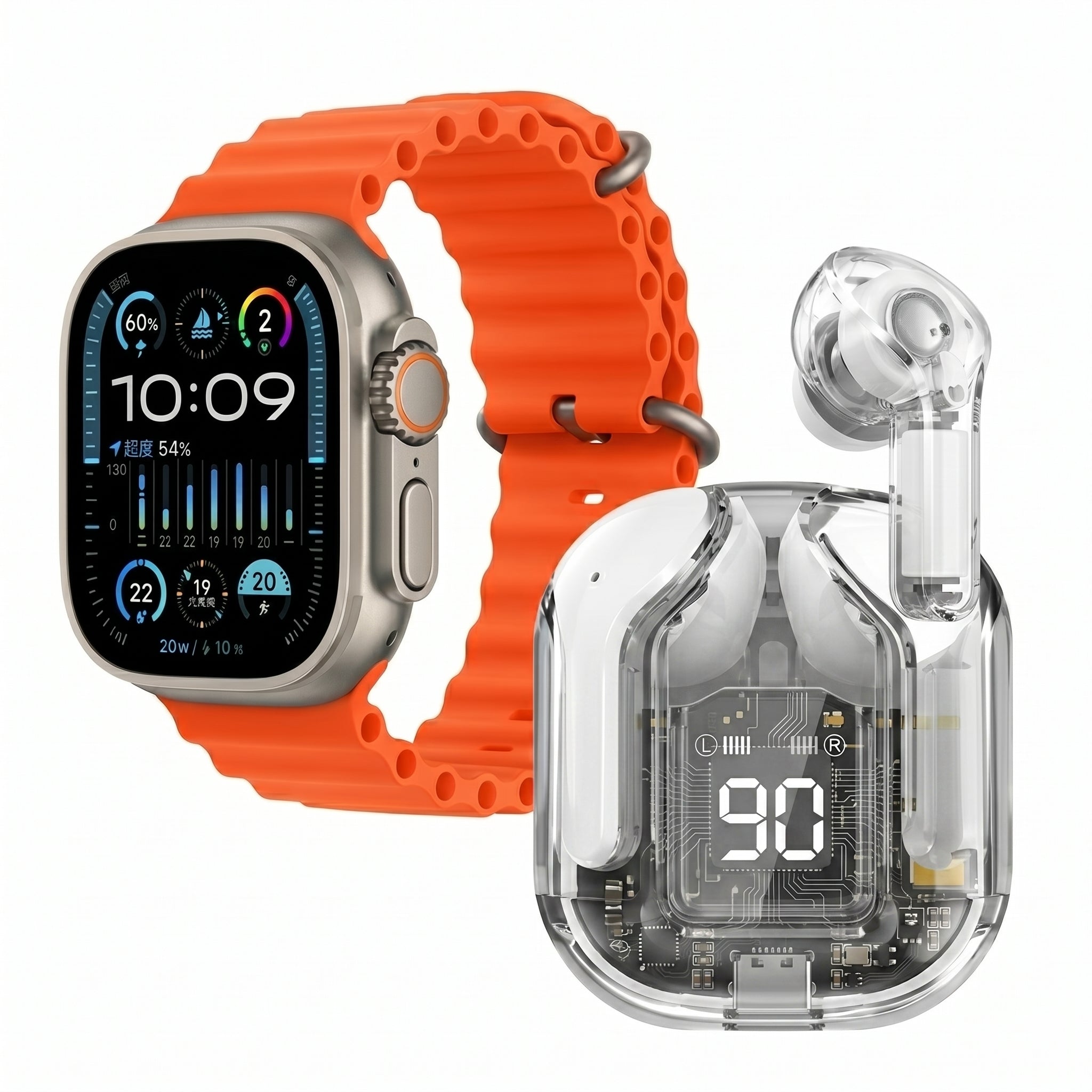 Crown S300 7+1+1 Combo - 49mm Premium Smartwatch & Transparent Earbuds Set with 7 Straps