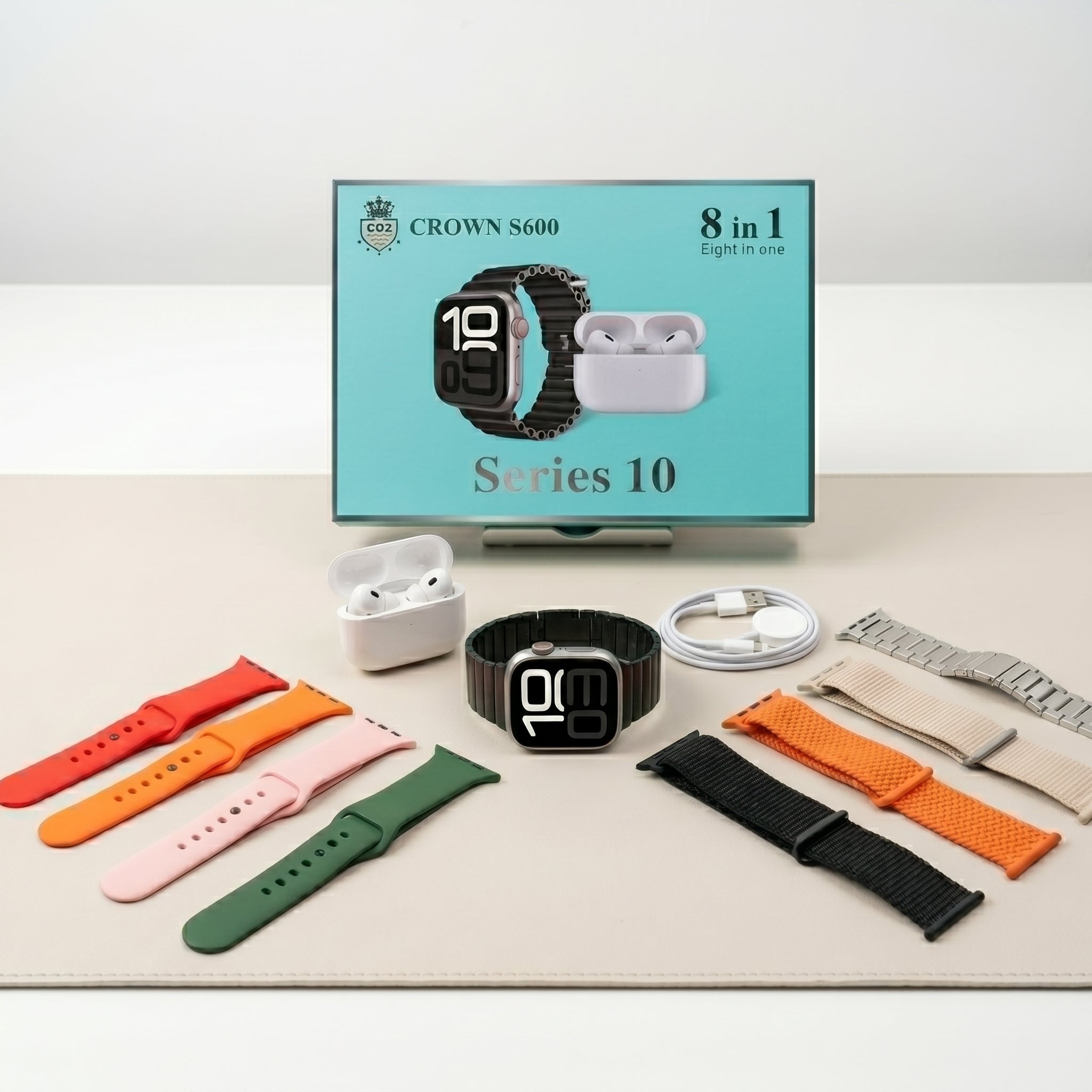 Crown S600 Series 10 - 8-in-1 Premium Smartwatch & Wireless Earbuds Bundle