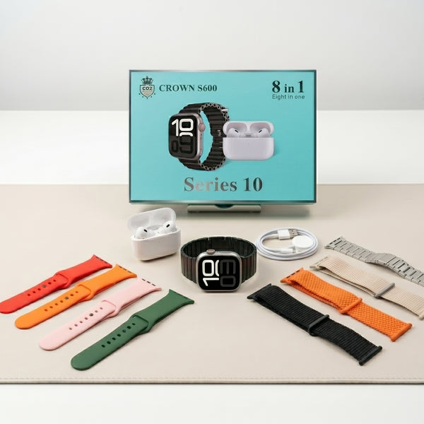 Crown S600 Series 10 - 8-in-1 Premium Smartwatch & Wireless Earbuds Bundle