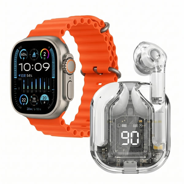 Crown S300 7+1+1 Combo - 49mm Premium Smartwatch & Transparent Earbuds Set with 7 Straps