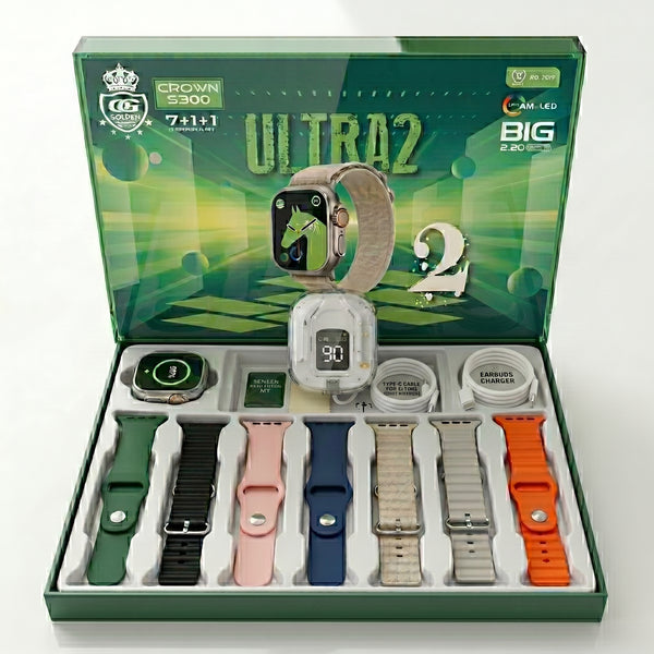 Crown S300 7+1+1 Combo - 49mm Premium Smartwatch & Transparent Earbuds Set with 7 Straps