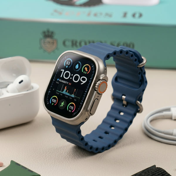 Crown S600 Series 10 - 8-in-1 Premium Smartwatch & Wireless Earbuds Bundle