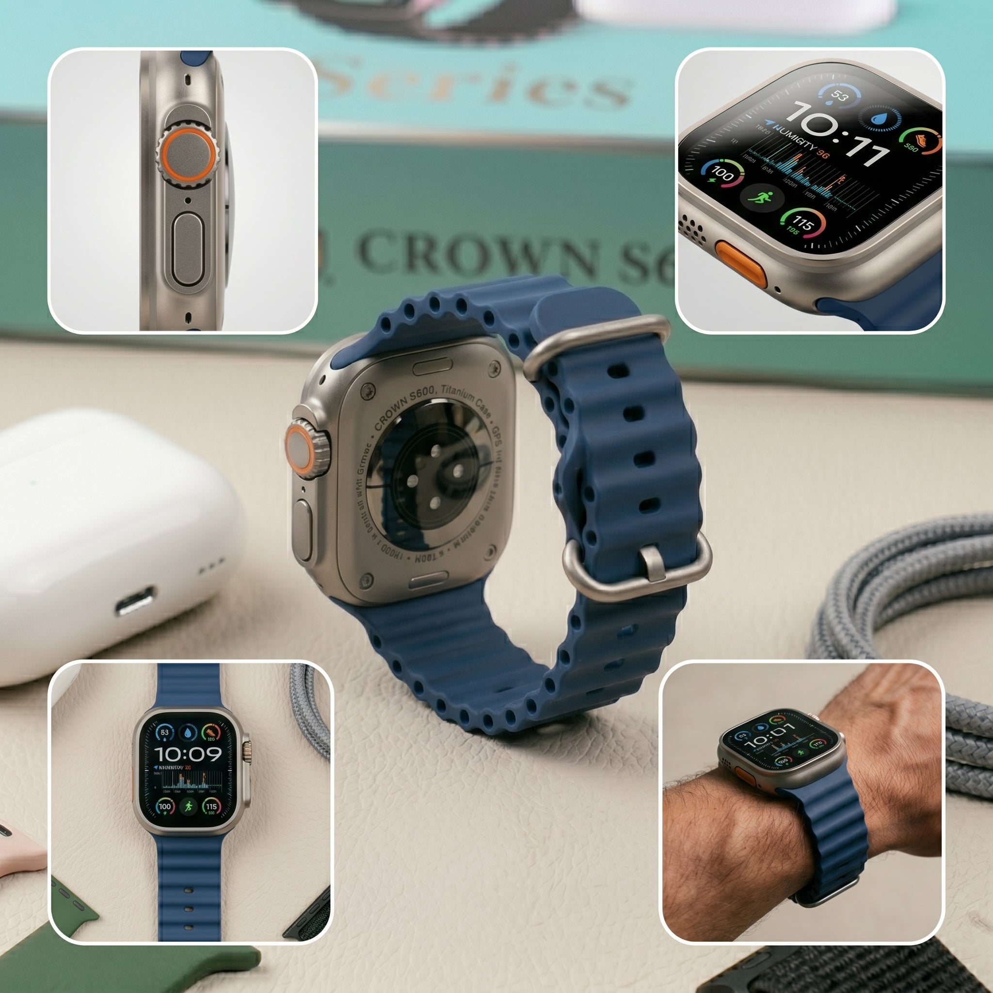 Crown S600 Series 10 - 8-in-1 Premium Smartwatch & Wireless Earbuds Bundle