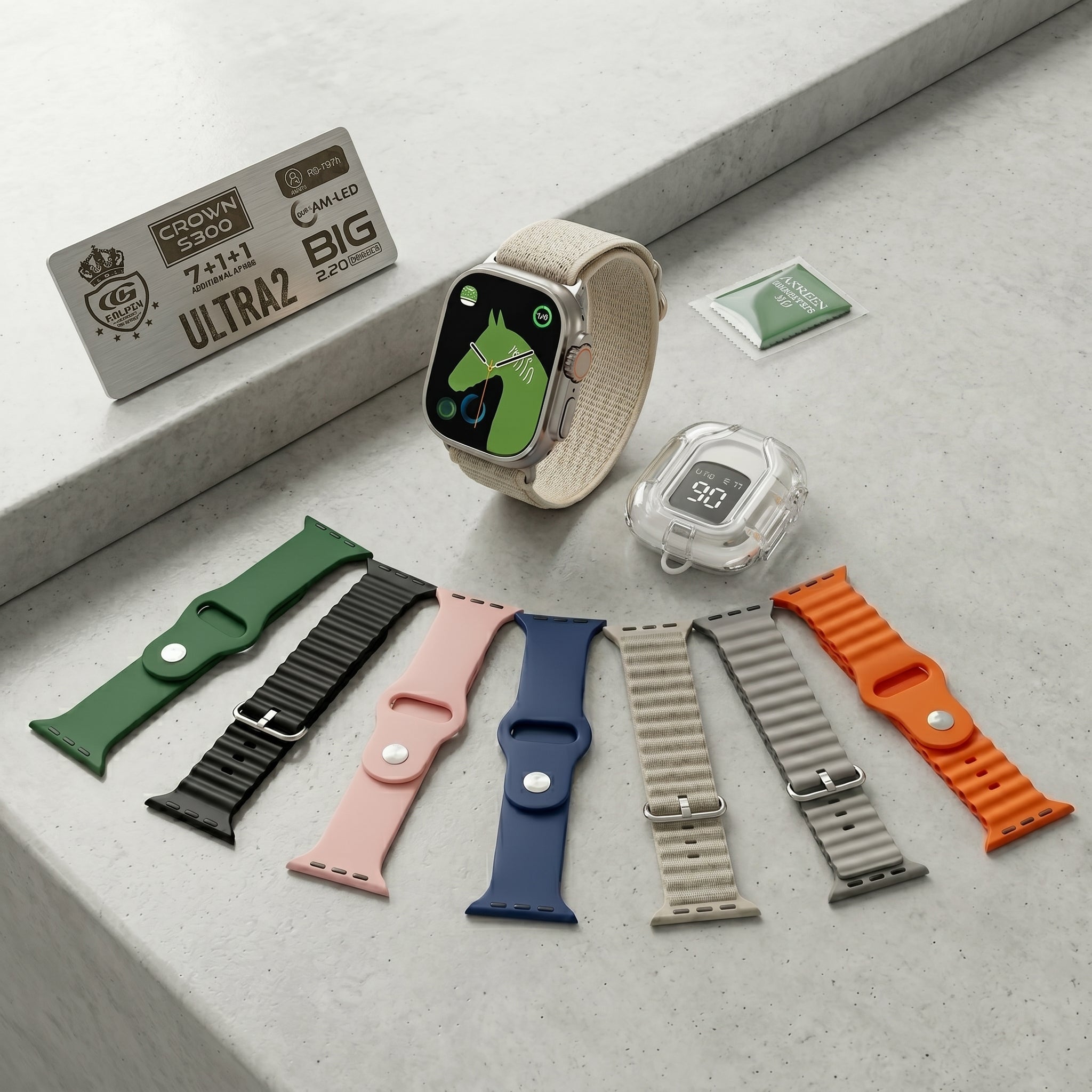 Crown S300 7+1+1 Combo - 49mm Premium Smartwatch & Transparent Earbuds Set with 7 Straps